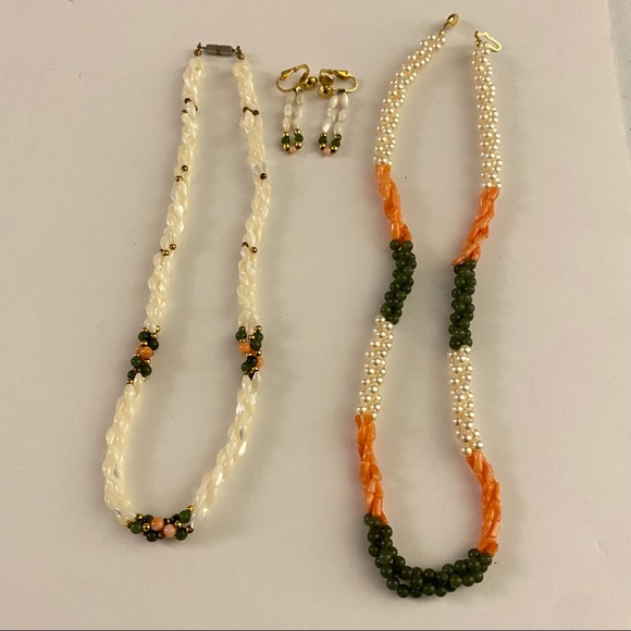 Vintage Coral, Jade & Pearl necklace and earrings - Picture 1 of 15